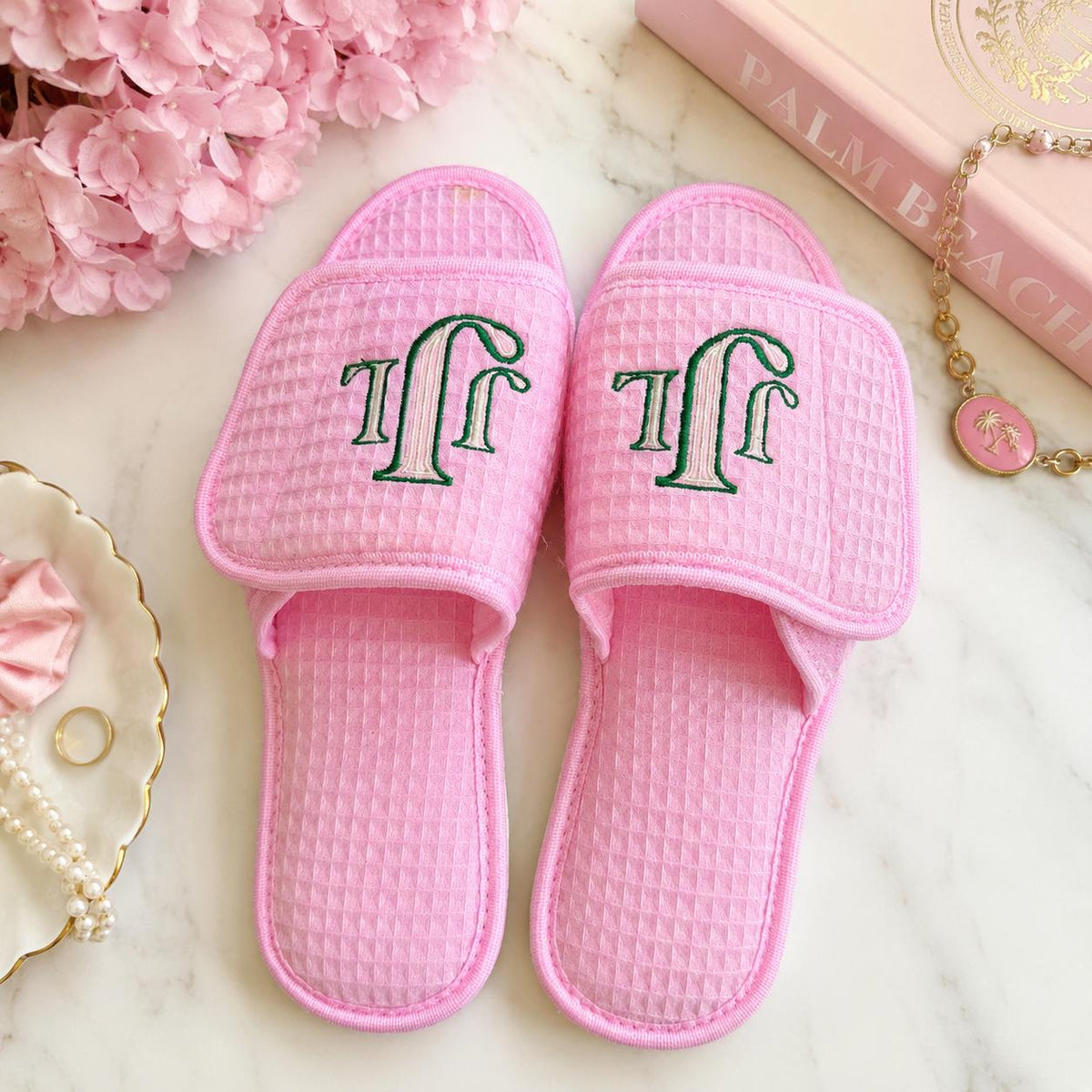 Custom Monogram Waffle Spa Slippers, Personalized Bridesmaid Gifts (Pink)