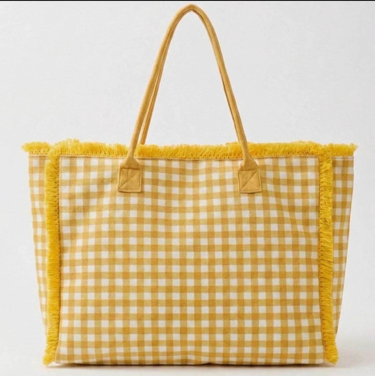 Personalized Yellow Gingham Tote Bag, Custom Name Embroidery, Frayed Trim Detail