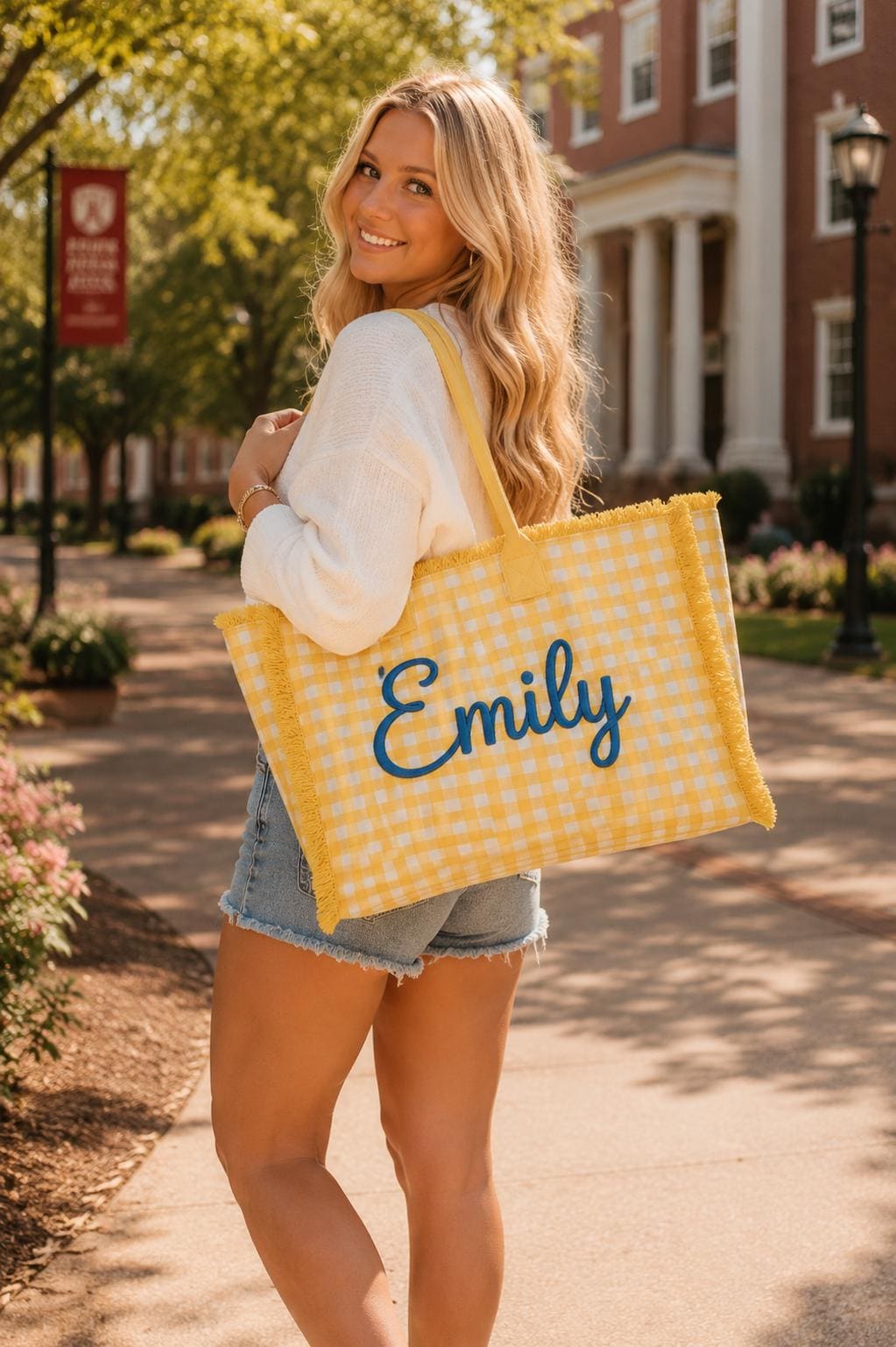 Personalized Yellow Gingham Tote Bag, Custom Name Embroidery, Frayed Trim Detail