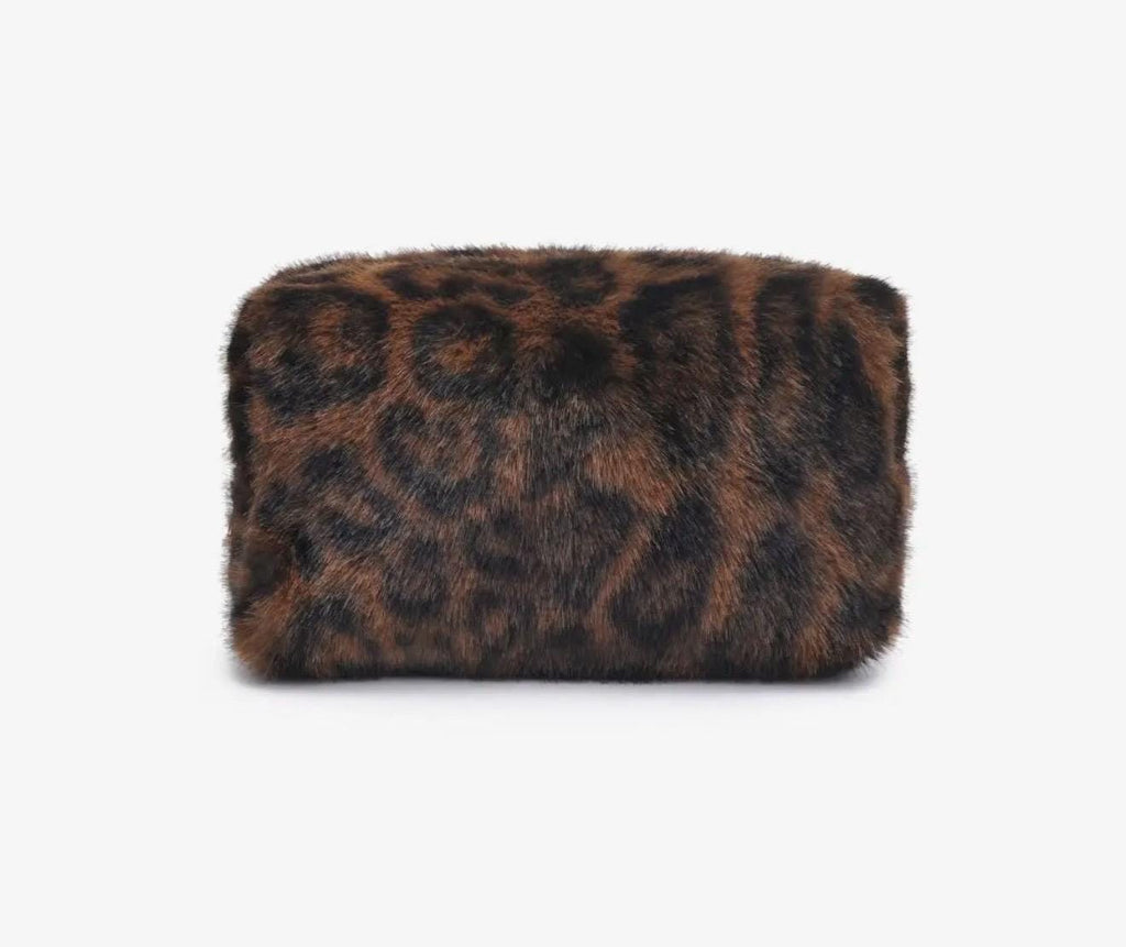 Personalized Leopard Faux Fur Makeup Bag, Custom Monogram Cosmetic Pouch (8.6" W x 5.1" H)