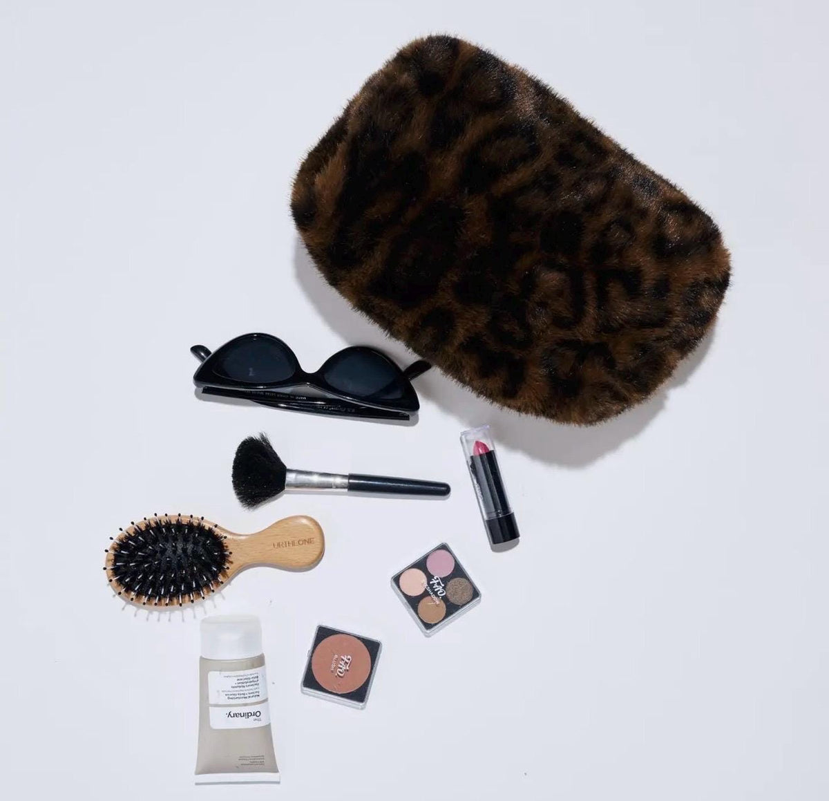 Personalized Leopard Faux Fur Makeup Bag, Custom Monogram Cosmetic Pouch (8.6" W x 5.1" H)