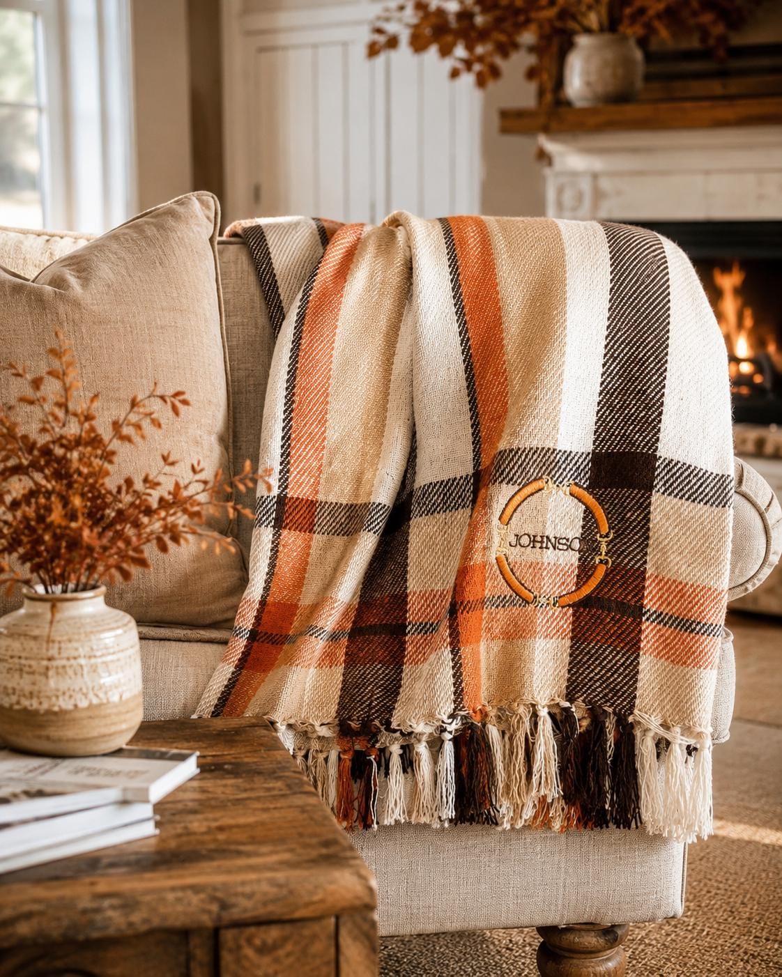 Personalized Plaid Throw Blanket, Custom Monogram, Equestrian Horse Bit Detail, Old Money Woven Decor