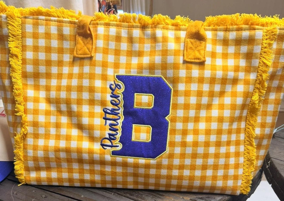 Personalized Blue Gingham Tote Bag, Embroidered Name, Game Day Sports Bag