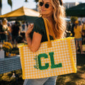 Personalized Yellow Gingham Tote Bag, Custom Name Embroidery, Frayed Trim Detail