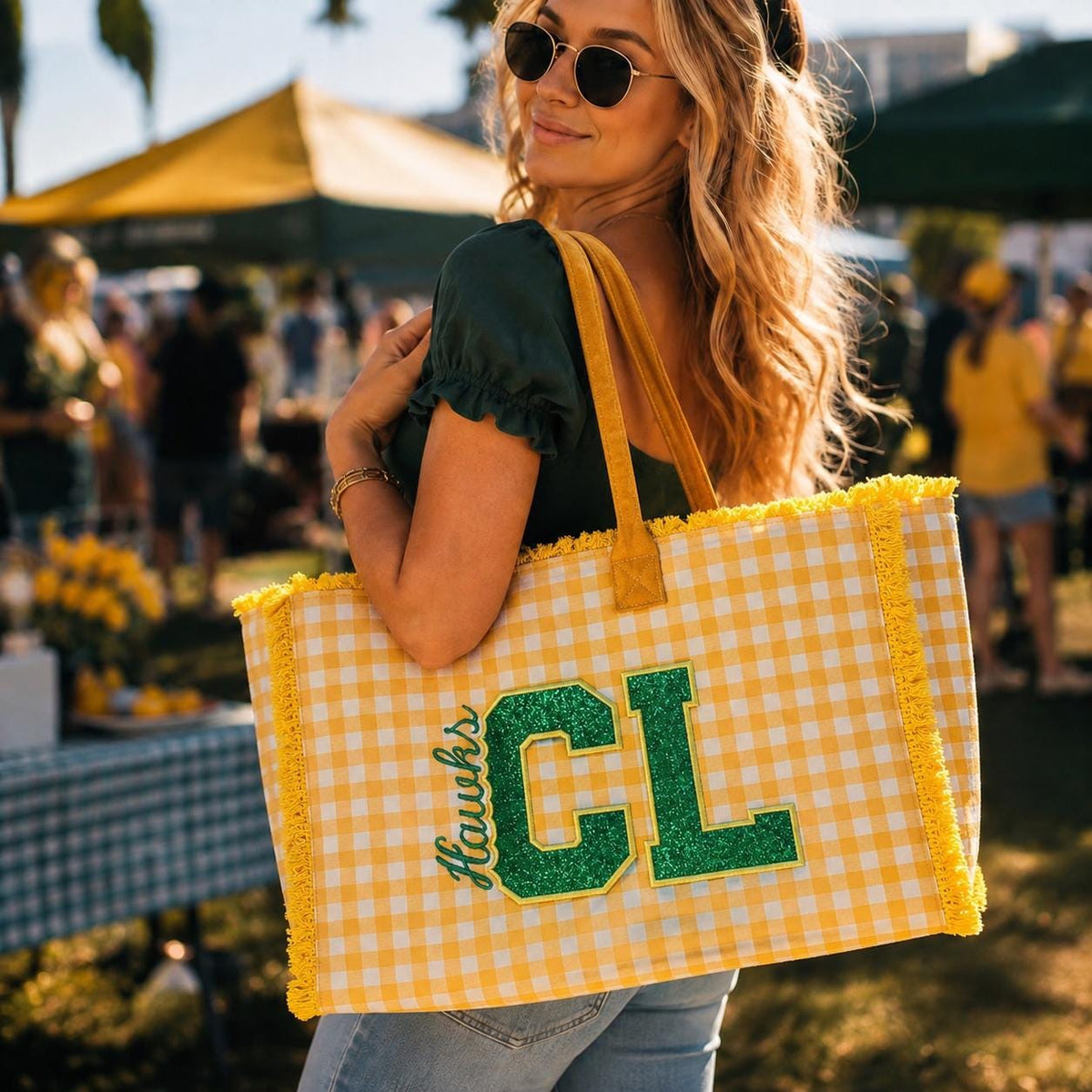Personalized Yellow Gingham Tote Bag, Custom Name Embroidery, Frayed Trim Detail