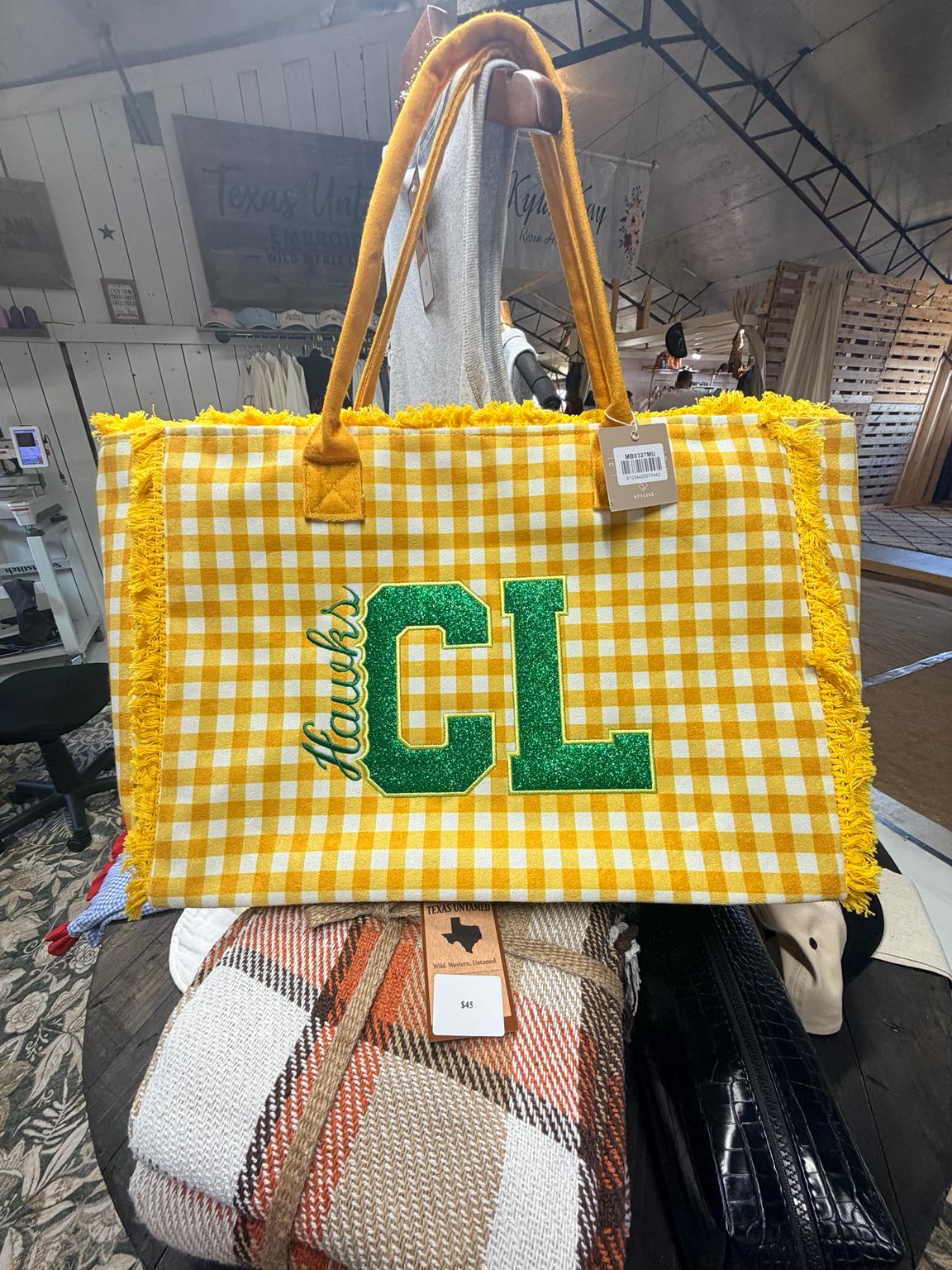 Personalized Gingham Tote Bag, Custom Embroidery, Frayed Trim Detail (Oversized)