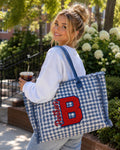Personalized Blue Gingham Tote Bag, Embroidered Name, Game Day Sports Bag