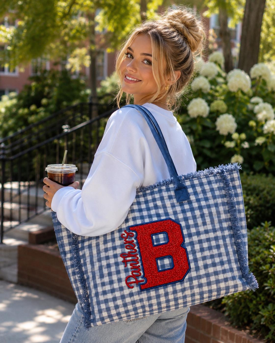 Personalized Blue Gingham Tote Bag, Embroidered Name, Game Day Sports Bag