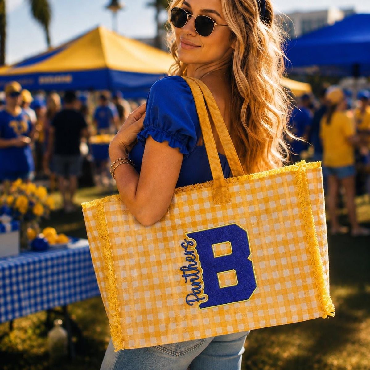 Personalized Yellow Gingham Tote Bag, Custom Name Embroidery, Frayed Trim Detail