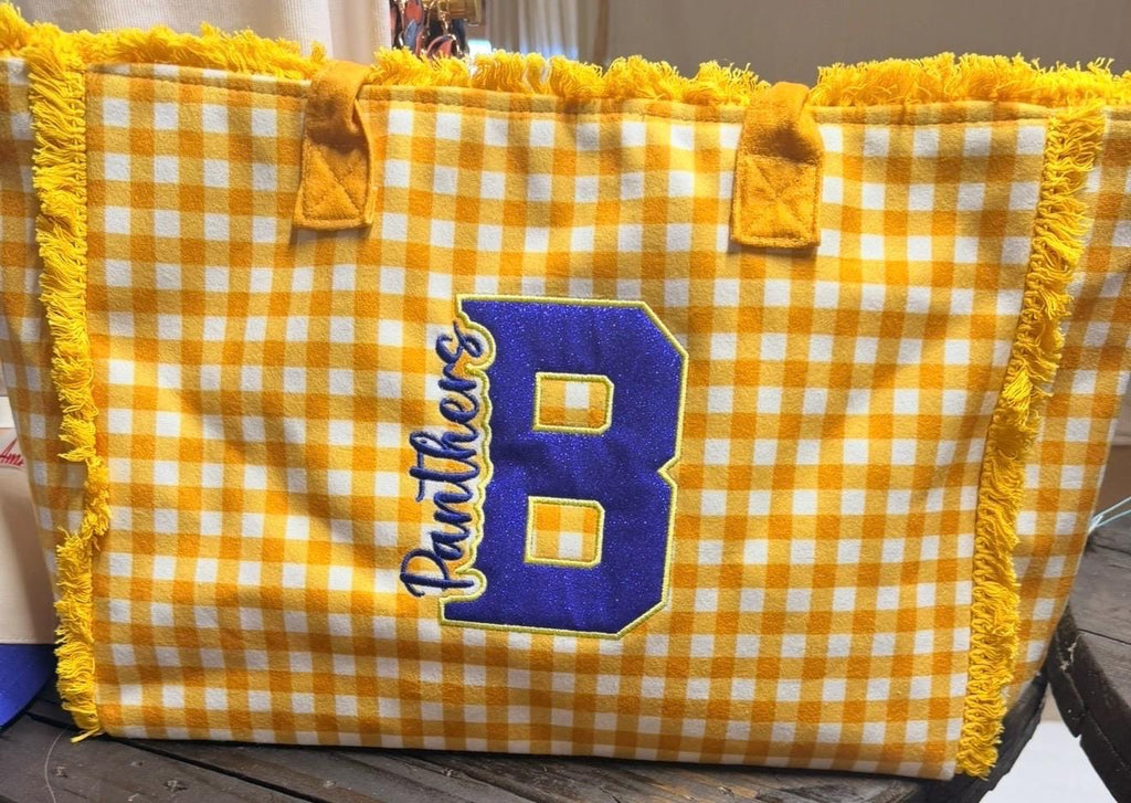 Personalized Gingham Tote Bag, Custom Embroidery, Frayed Trim Detail (Oversized)