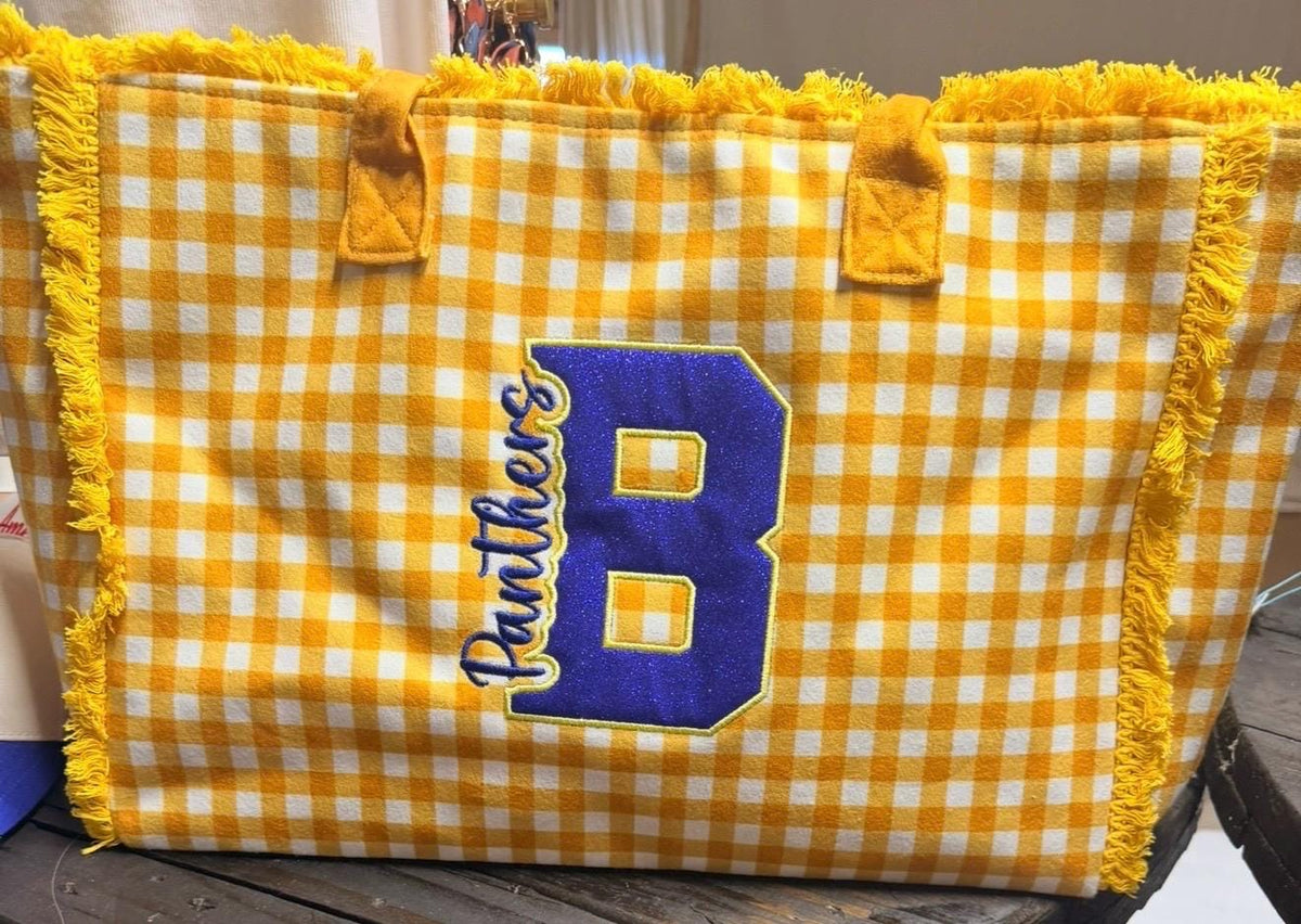 Personalized Gingham Tote Bag, Custom Embroidery, Frayed Trim Detail (Oversized)