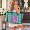 Personalized Gingham Tote Bag, Custom Embroidery, Frayed Trim Detail (Oversized)