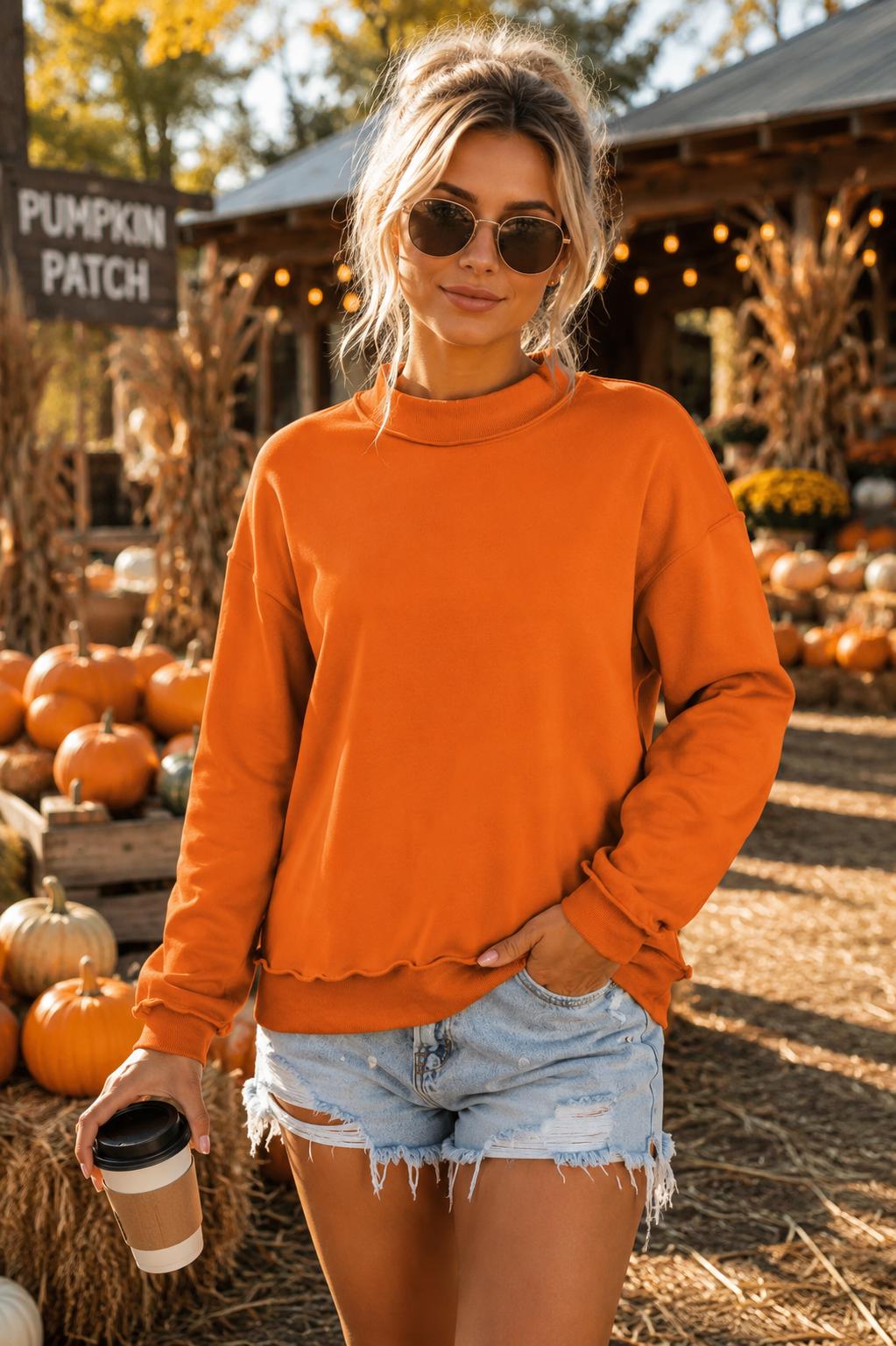Oversized Orange Mock Neck Sweatshirt, Gone Feral Embroidery, Fall Pullover