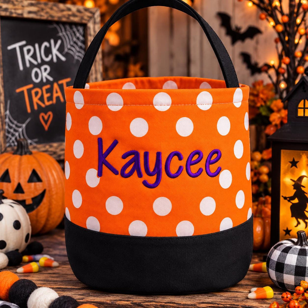 Personalized Trick or Treat Bag, Embroidered Halloween Candy Basket for Kids