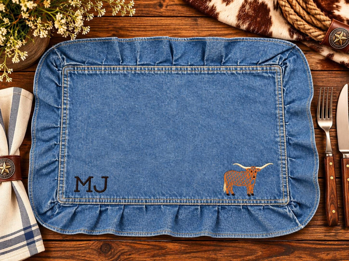 Western Denim Placemats Set of 2, Embroidered Longhorn Table Decor, Personalized Option