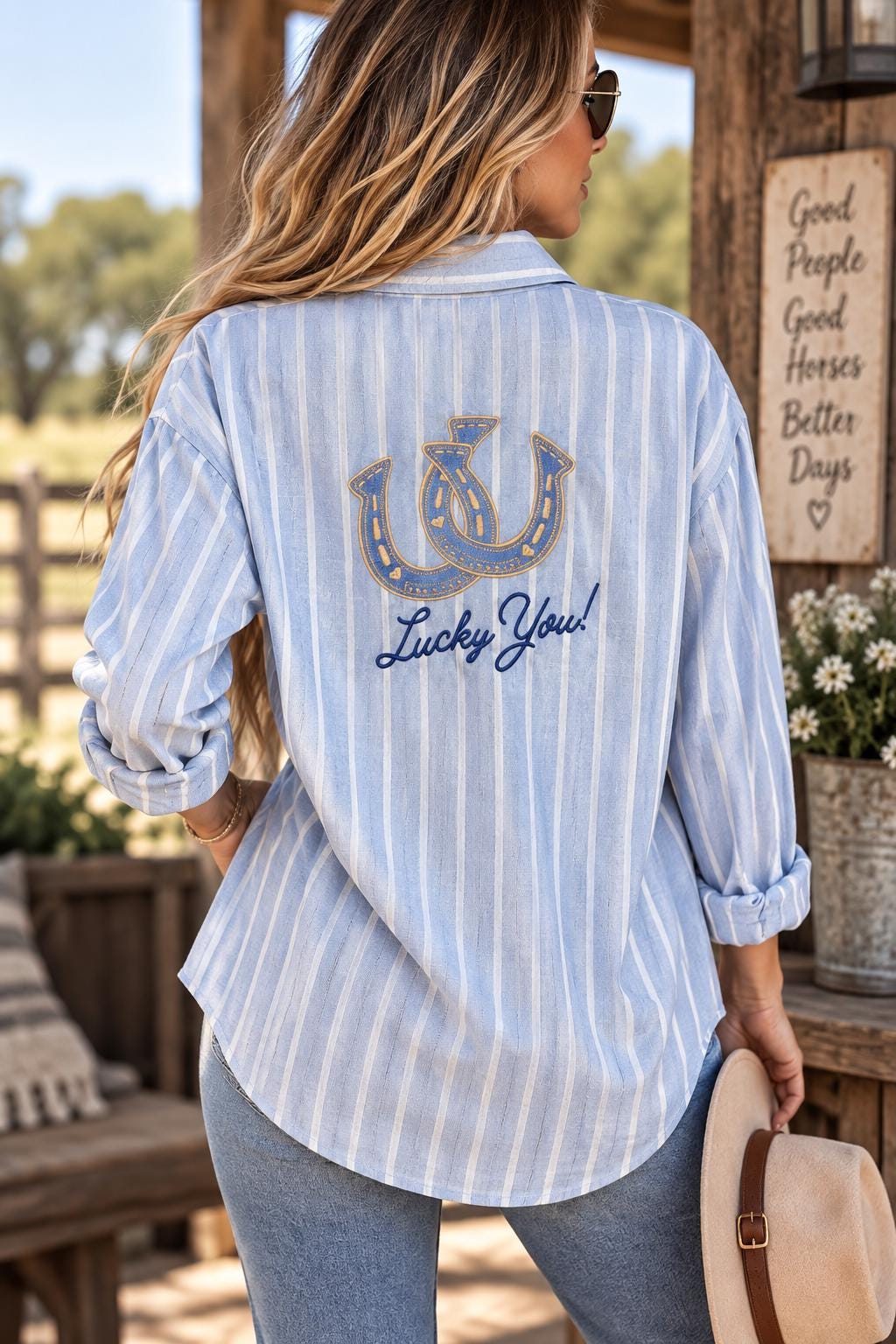 Embroidered Lucky You Western Shirt, Striped Button Down, Horseshoe Design, Optional Monogram