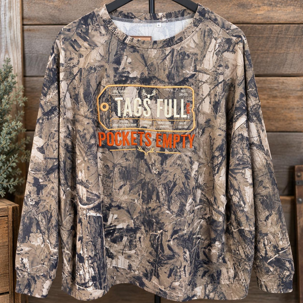Embroidered Camo Hunting Shirt, Tags Full Pockets Empty Long Sleeve Tee, Hunter Gift