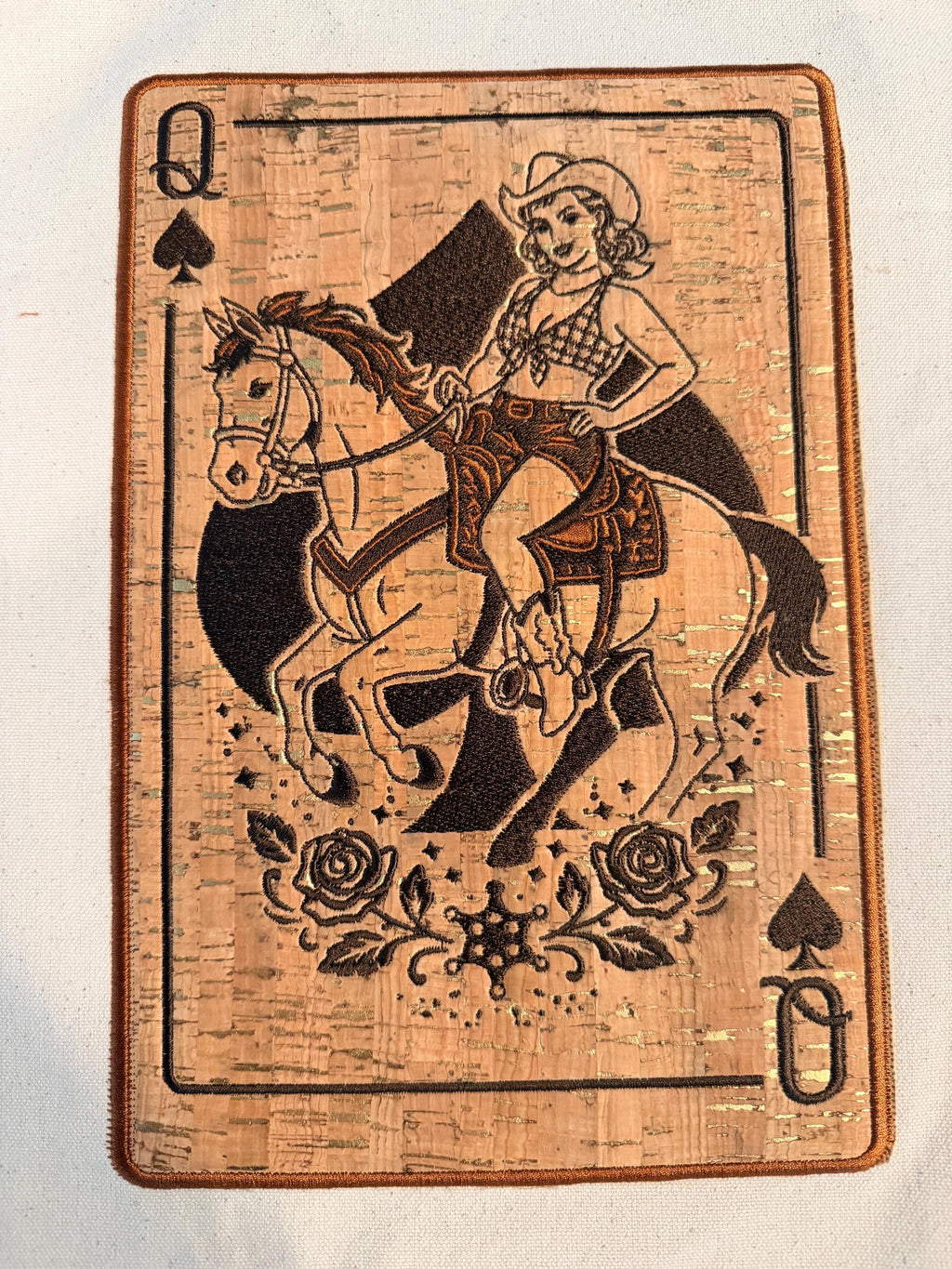 Queen of Spades Cork Embroidery: Western Cowgirl Art (16x20)