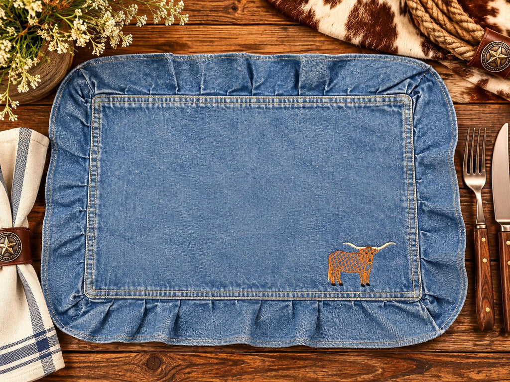Western Denim Placemats Set of 2, Embroidered Longhorn Table Decor, Personalized Option