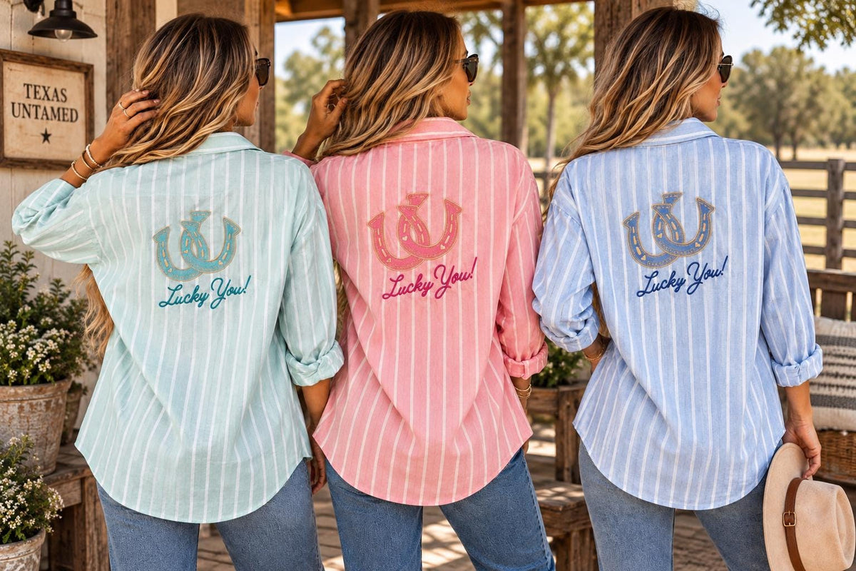 Embroidered Lucky You Western Shirt, Striped Button Down, Horseshoe Design, Optional Monogram