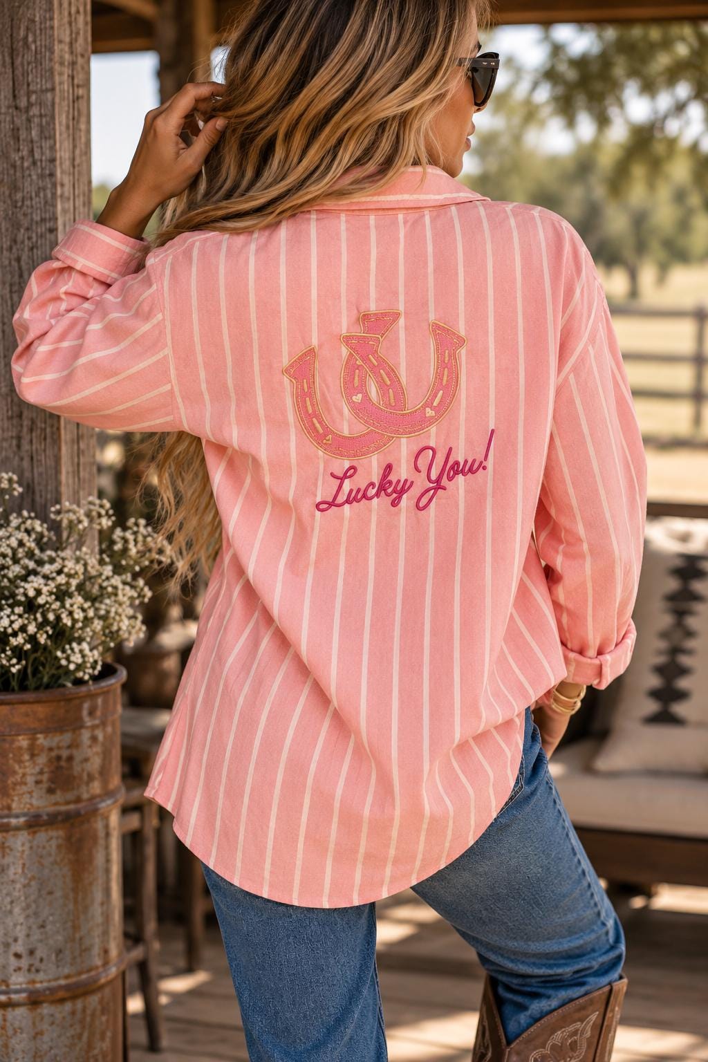 Embroidered Lucky You Western Shirt, Striped Button Down, Horseshoe Design, Optional Monogram