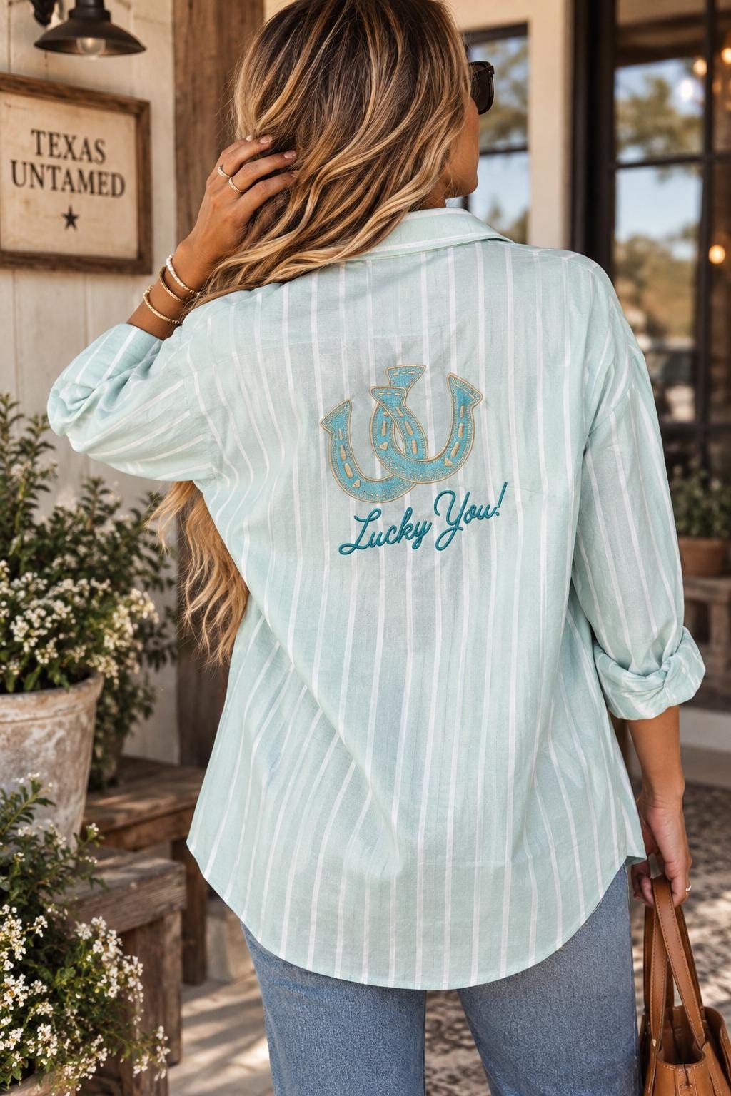 Embroidered Lucky You Western Shirt, Striped Button Down, Horseshoe Design, Optional Monogram
