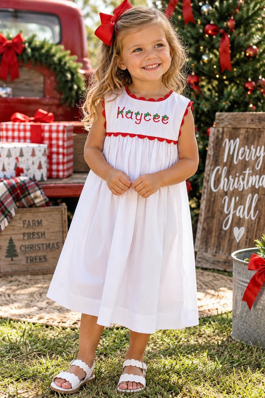 Personalized White Girls Dress with Red Ric Rac Trim – Baby Toddler Kids Dress