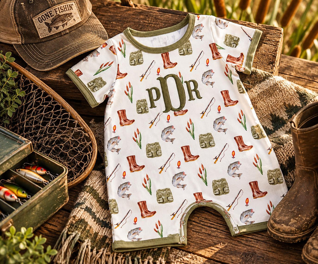 Personalized baby fishing romper with fish print and custom embroidery