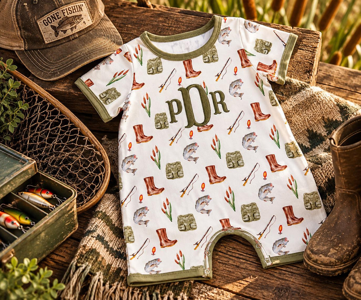 Personalized baby fishing romper with fish print and custom embroidery