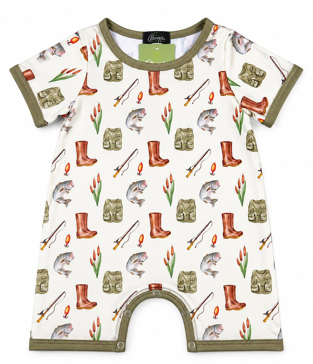 Personalized baby fishing romper with fish print and custom embroidery