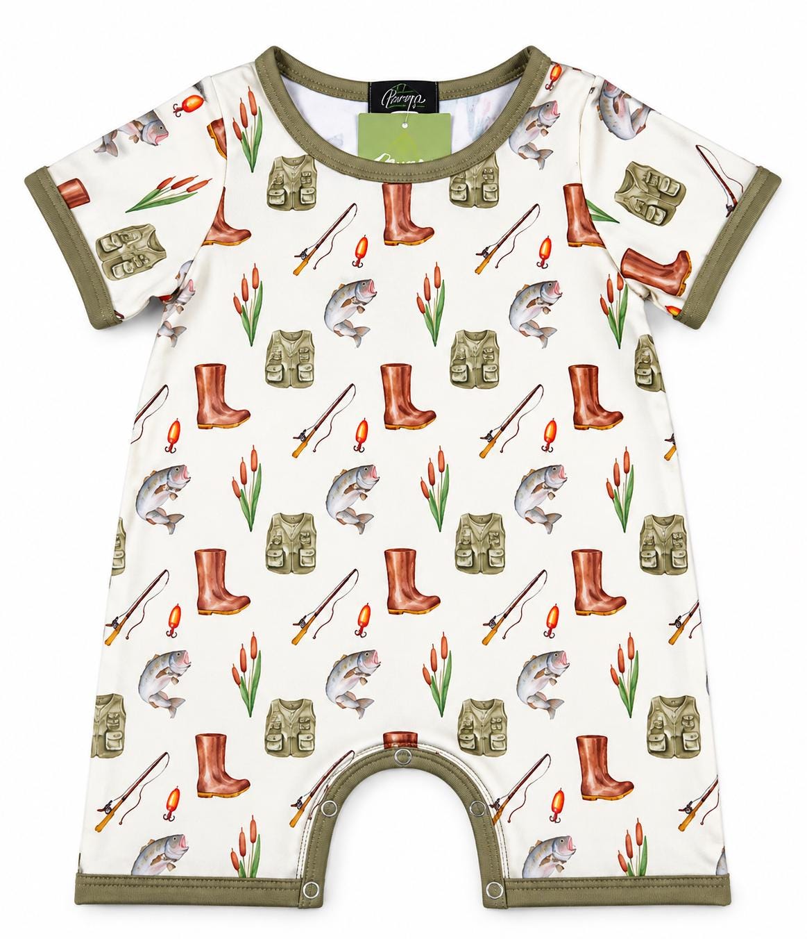 Personalized baby fishing romper with fish print and custom embroidery