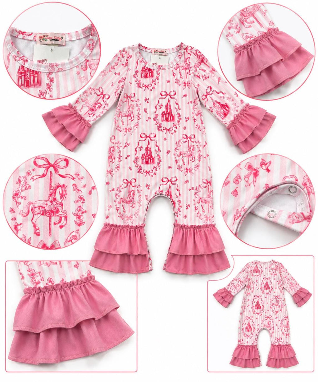 Personalized pink baby girl ruffle romper with castle and carousel print