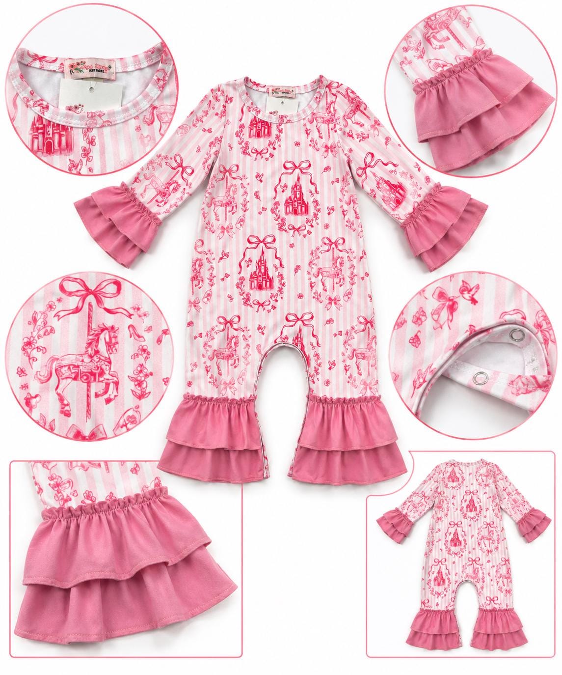 Personalized pink baby girl ruffle romper with castle and carousel print