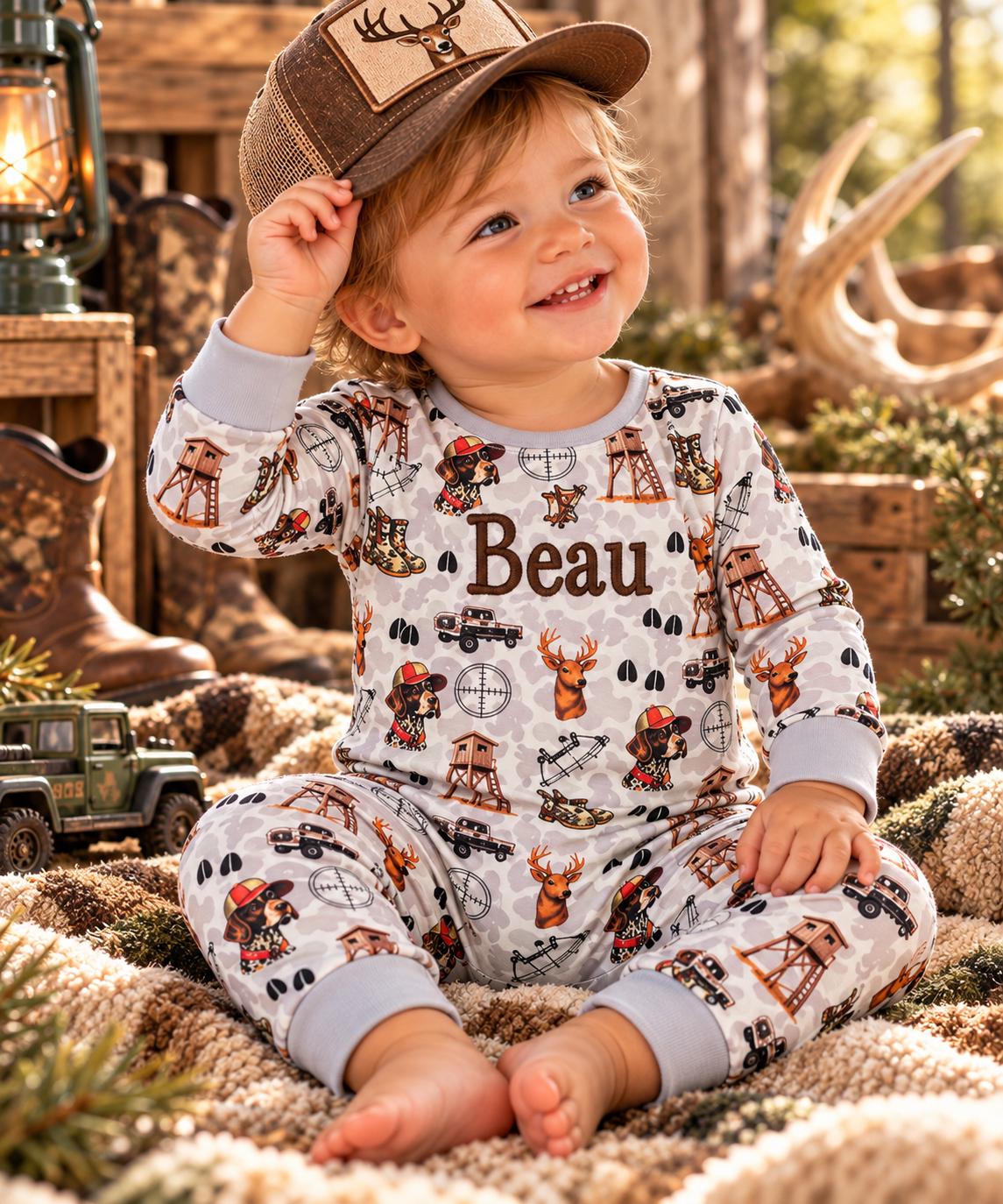 Personalized Hunting Buddies baby romper with gray trim and outdoor print