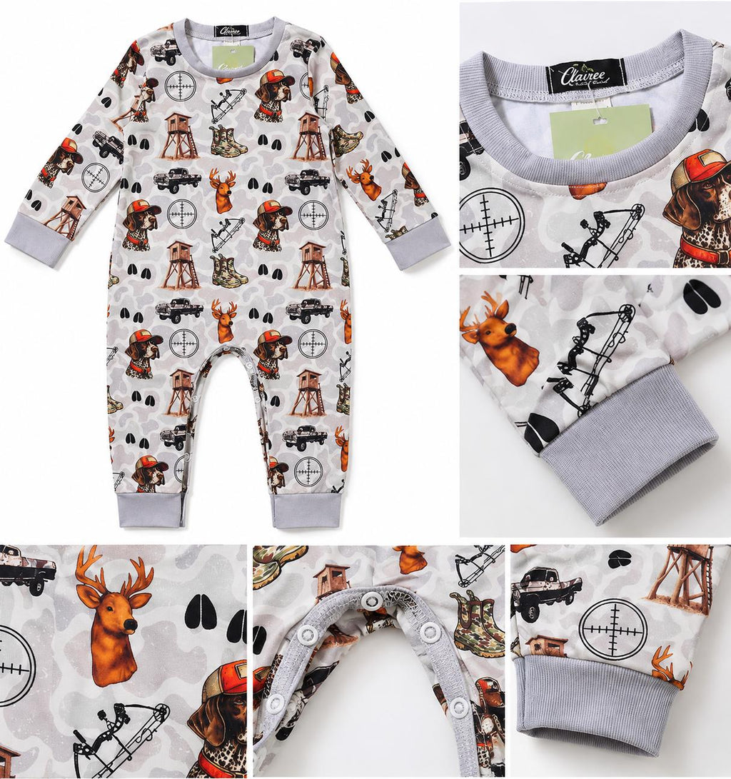 Personalized Hunting Buddies baby romper with gray trim and outdoor print