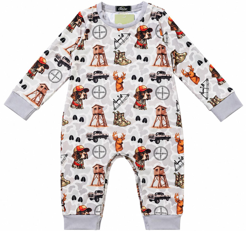 Personalized Hunting Buddies baby romper with gray trim and outdoor print