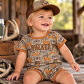 Personalized hunting baby romper with deer print and rust-orange trim