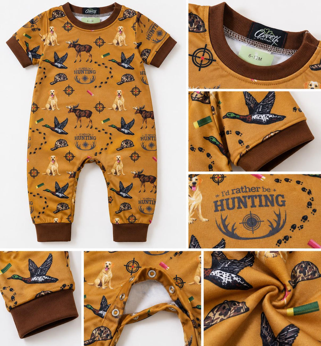 Hunting baby romper with ducks, dogs, moose and camo details
