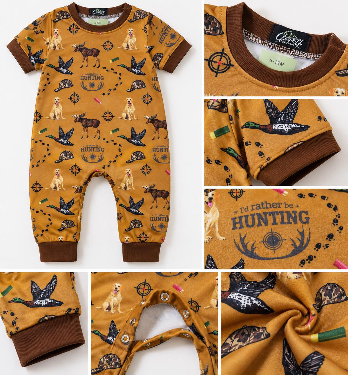 Hunting baby romper with ducks, dogs, moose and camo details