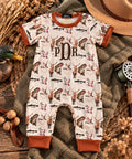 Personalized Hunting Fishing Baby Romper, Deer Duck Bass Print, Rust Trim (Custom Name)