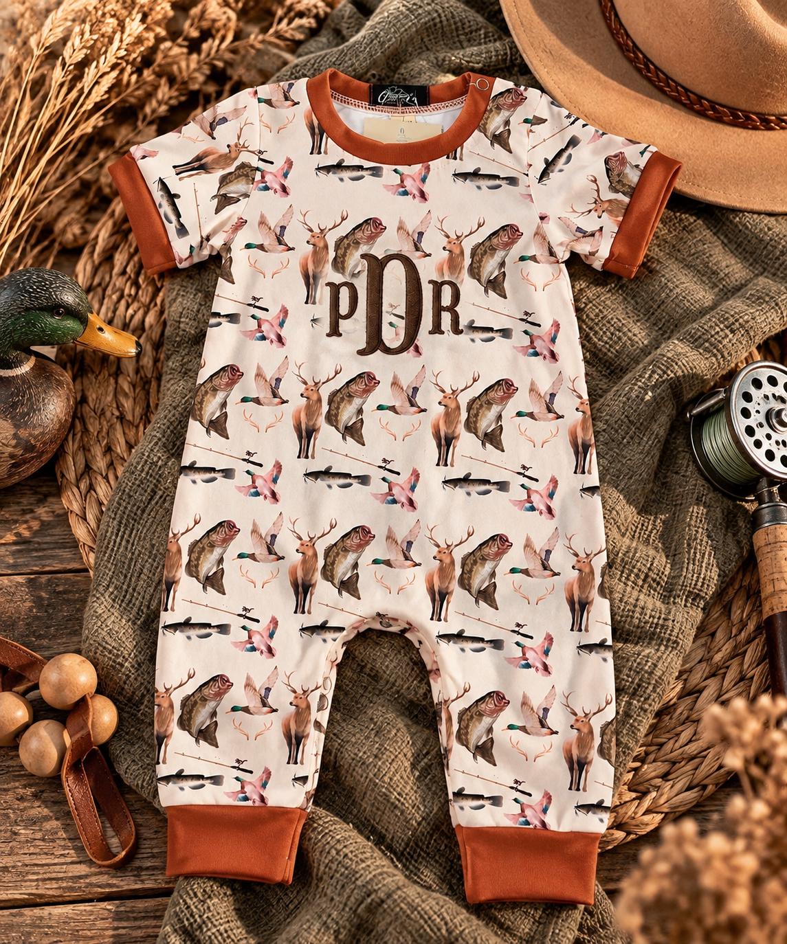 Personalized Hunting Fishing Baby Romper, Deer Duck Bass Print, Rust Trim (Custom Name)