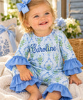 Personalized blue floral baby girl romper with ruffle sleeves and legs