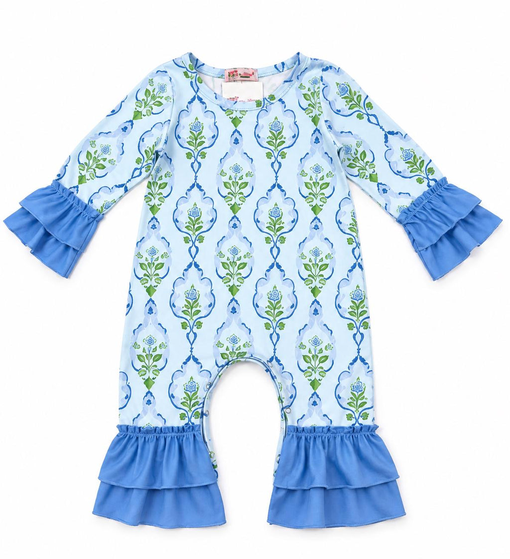 Personalized blue floral baby girl romper with ruffle sleeves and legs