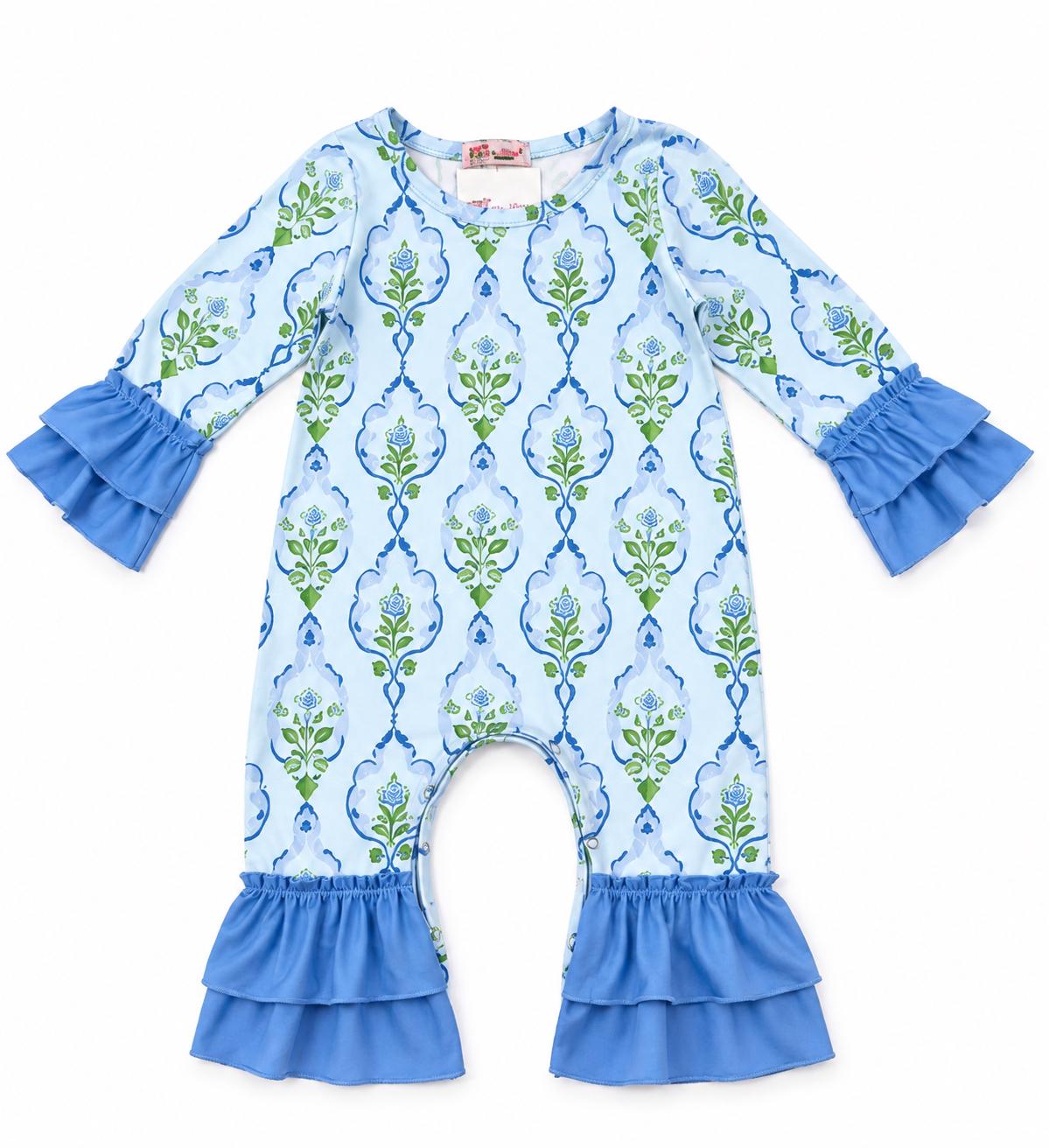 Personalized blue floral baby girl romper with ruffle sleeves and legs