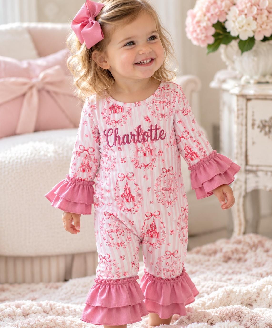 Personalized pink baby girl ruffle romper with castle and carousel print