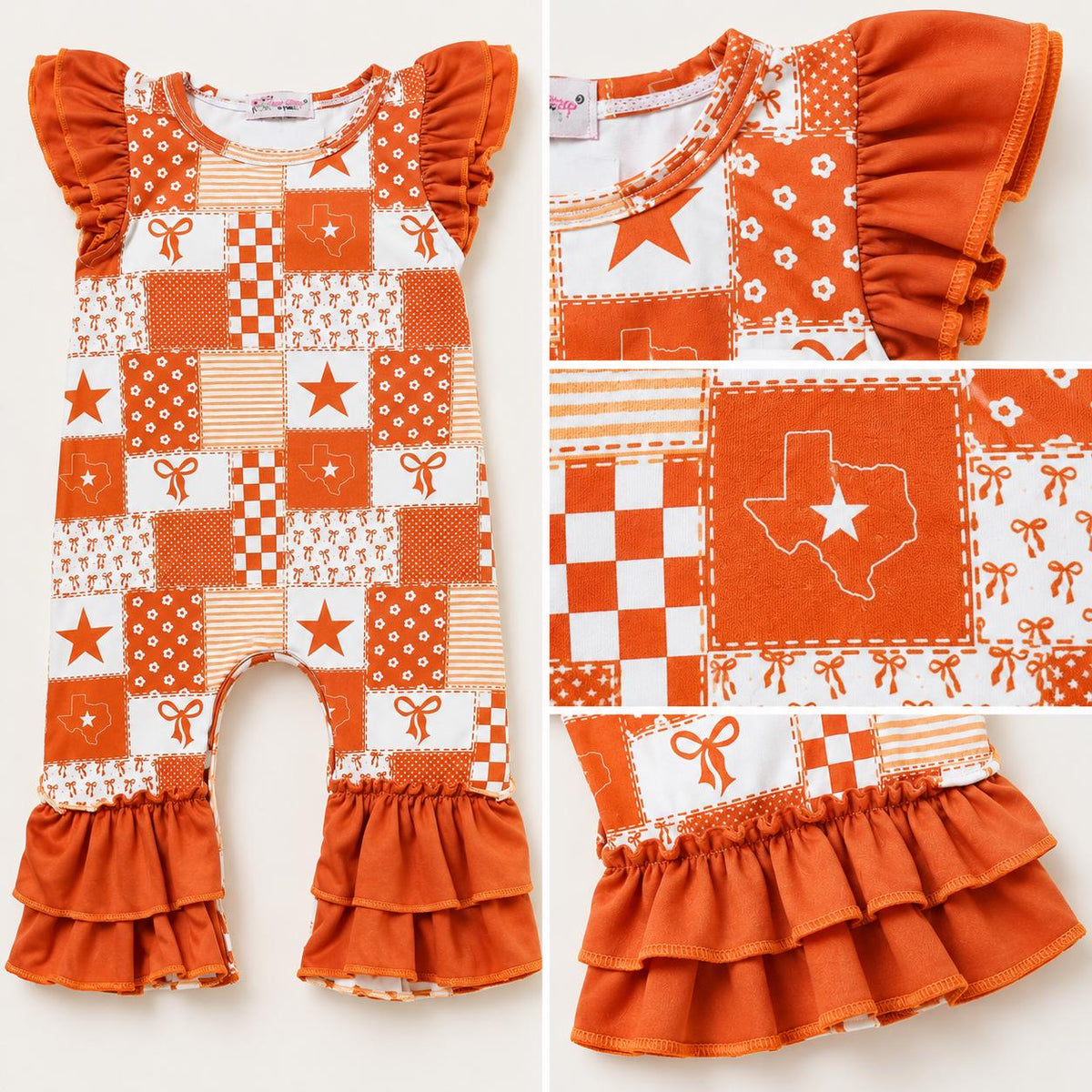 Personalized Texas game day baby girl romper with burnt orange ruffles