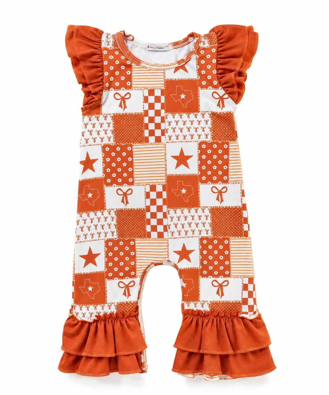 Personalized Texas game day baby girl romper with burnt orange ruffles