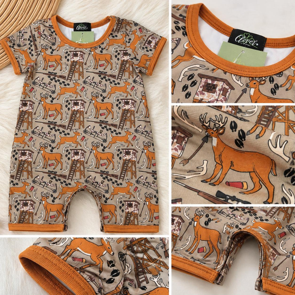 Personalized hunting baby romper with deer print and rust-orange trim