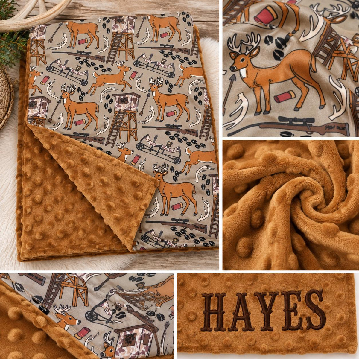 Personalized hunting baby blanket with deer print and copper minky backing