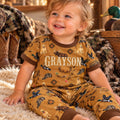 Personalized hunting baby romper with embroidered name and outdoor print